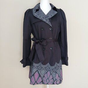 Desigual Cotton Double Breasted Graphic Mid Length Trench Coat Size 12